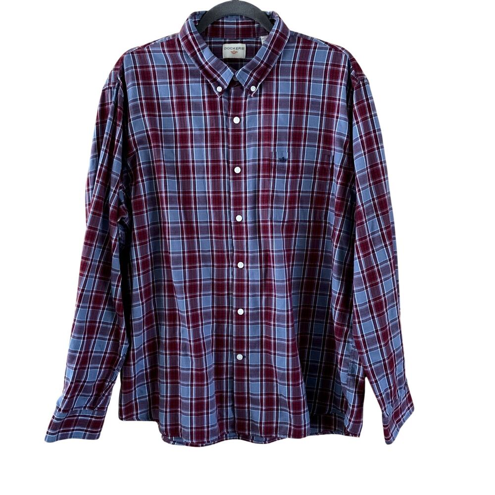 Dockers Shirt Plaid Red Blue Long Sleeve Cotton Poly Blend Men's Size XL